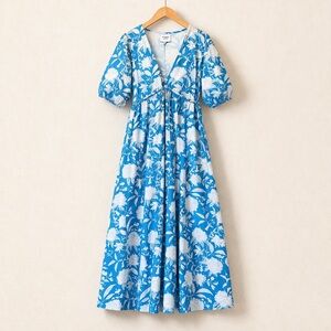 UNSUNG POETRY Cotton Floral Midi Dress Blue White Puff Sleeve Boho M